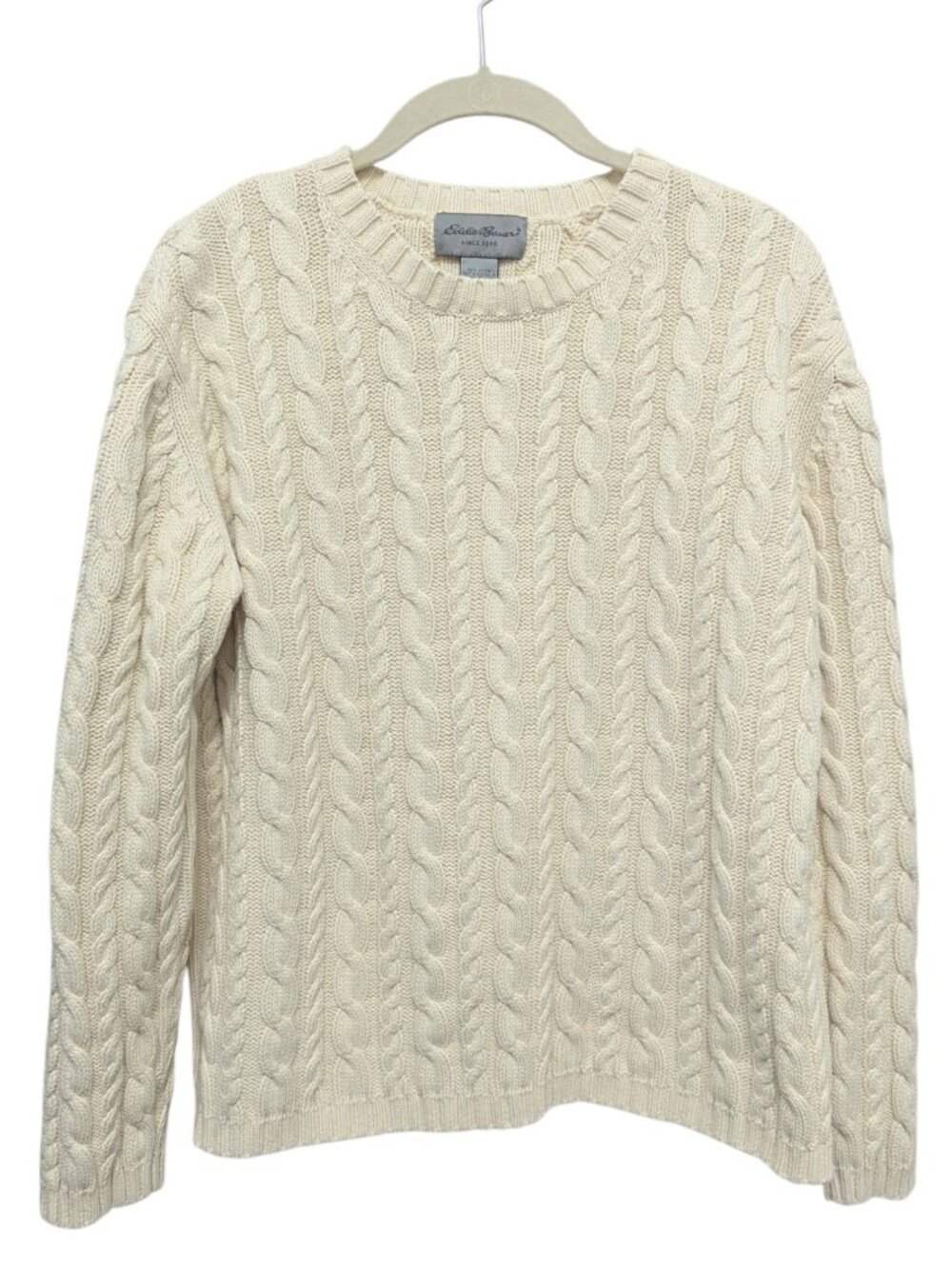 Eddie Bauer Womens Cream Cable Knit 100% Cotton Sweater Vintage Crewneck Large